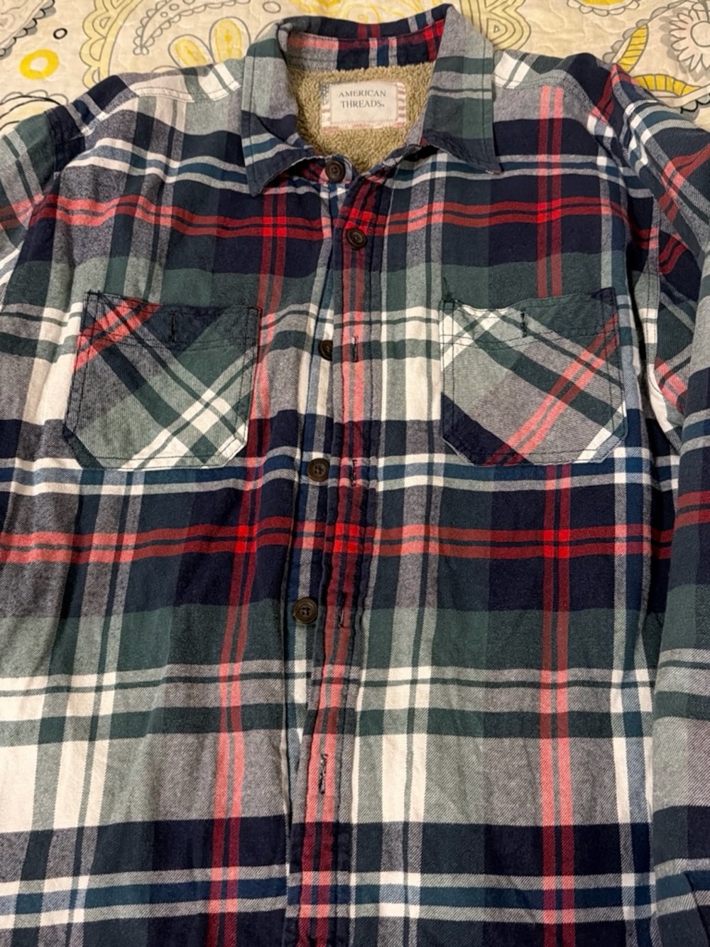 American Threads Men’s Navy Green Red Plaid Button-Down Shirt
